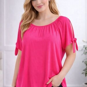 INC Hot Pink Blouse | Size L | Tie-Sleeve Flowy Top | Bright Summer Pink